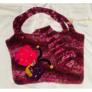 Handmade Wool Felted Boho Mushroom Bag Unique Artisan Tote Burgundy Pink‎